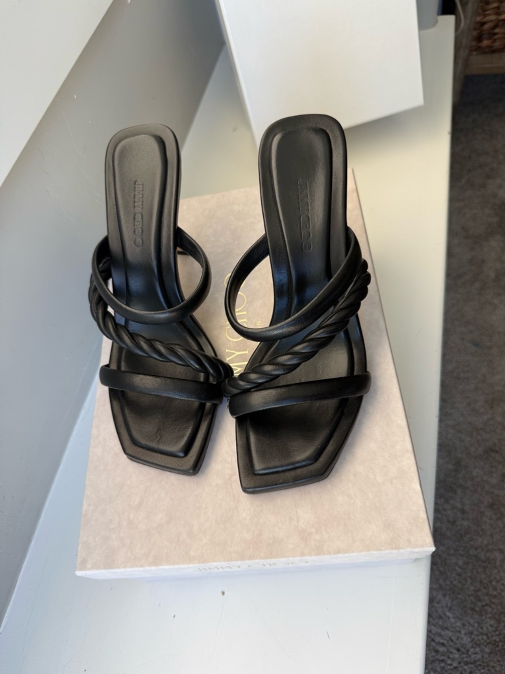Jimmy Choo Black Twisted-Strap Square Toe Heeled sandals size 38 - Picture 2 of 9